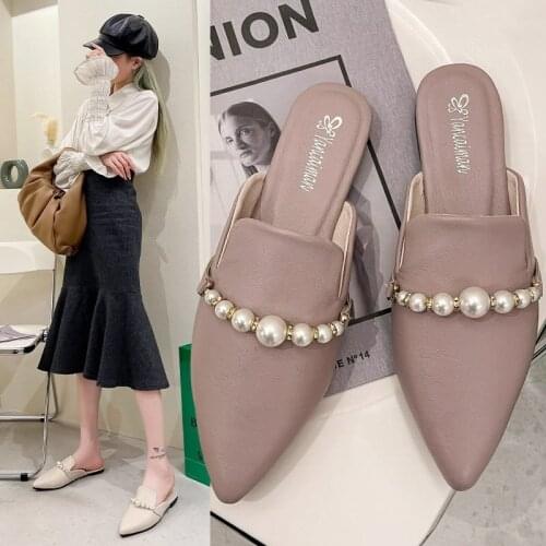 Women Flats Mules Pointed Toe Slippers Pearls Slip on Ladies Shoes String Bead Slides Casual Shoes zapatos mujer Summer 9152N