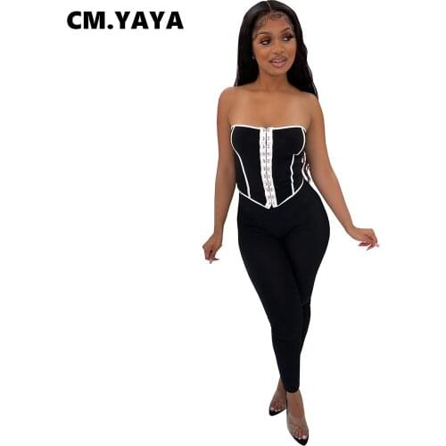 CM.YAYA Women Set Patchwork Hidden Breasted Slim Sleeveless Strapless Tops Pencil Pants Two 2 Piece Sets Sexy Outfit Summer 2021