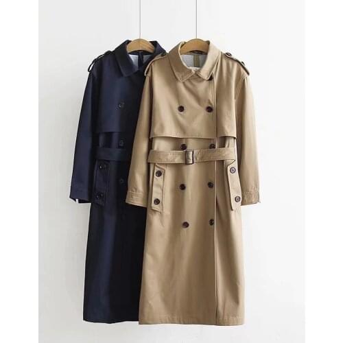 Women khaki long trench coat with sashes buttons 2020 autumn winter office ladies turndown neck loose outwear double breasted