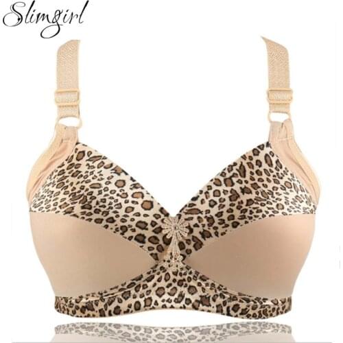 Slimgril Womens Sexy Health Leopard Bra Adjusted Wire Free Gathered Push Up 3/4 Cup Bras Female Big Size Underwear B C D E F G