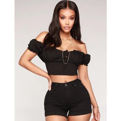 Women Off Shoulder Crop Tops, Short Puff Sleeve Solid Color Tie Knot Front Frill Trim T-Shirts
