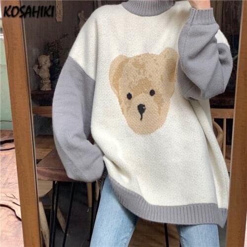 KOSAHIKI Harajuku Cartoon Bear Jacquard Oversized Sweater Contrast Color Knitted Sweaters Women Korean Kawaii Loose Streetwear