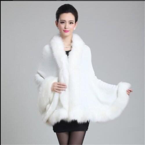 2021 New Autumn Winter Women High Quality Fake Fox Fur Collar Wool Cashmere Poncho Capes Knitted Cardigan Sweater Coat