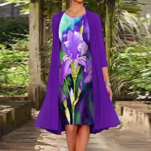 2021 New Retro Floral print Loose Dress + Long Sleeve Shawl Cardigan Women O Neck Party Dress Casual Spring Autumn A-Line Dress