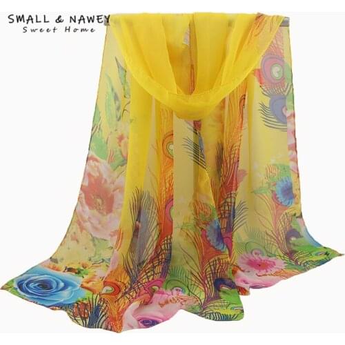 50*160CM New Fashion peacock feather print chiffon silk scarf sunscreen beach towel scarf shawl silk scarf wholesale