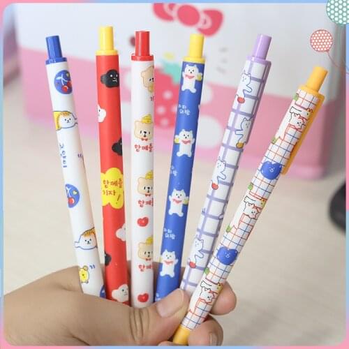 6Pcs Korean Kawaii 0.5mm Writing Gel Pens Cartoon Bear Cat Black Ink Press Signature Neutral Pen School Office Supply Stationery