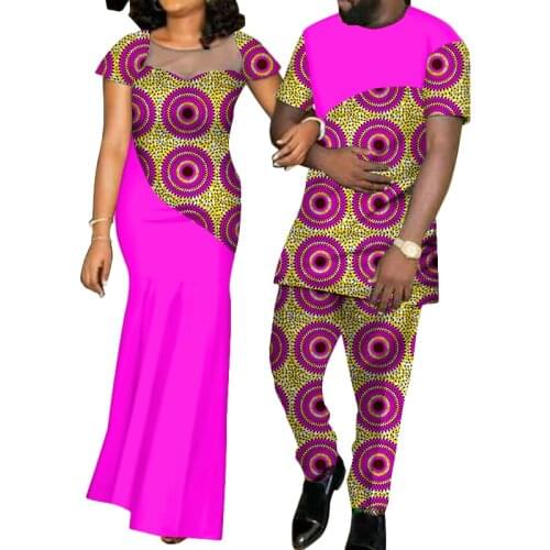 African Couple Clothes Womens Long Dress and Mens Tracksuit Dashiki Outfits Shirts and Pants Set Evening Wedding Ankara Wax