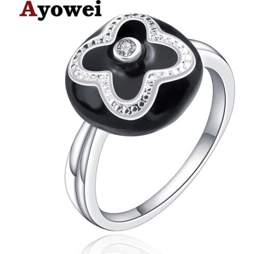 Ayowei Top Quality Flower Design for Women Black Opal White Crystal Silver Fashion Jewelry USA Size #6#7#8#9#10 JR2157A