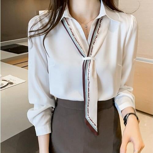 V-Neck White Chiffon Blouse 2021 Autumn Tops Office Lady Long Sleeve Pullover Korean Women Shirts Woman Clothes Chemisier Femme