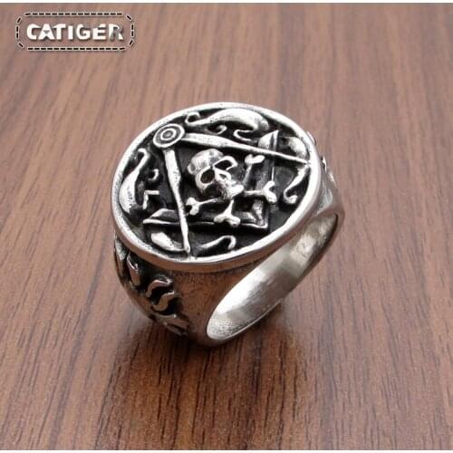 Free Shipping Vintage Silver color Black color Heavy Masonic Skull Bone Rings Stainless Steel Master Sun Masonic Signet Rings