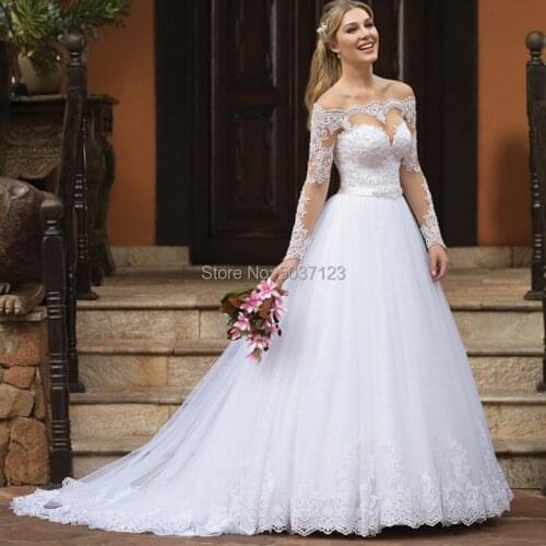 A Line Wedding Dresses Boat Neck White Lace Applique Robe Mariage Long Sleeve Princess Vestido De Noiva Wedding Gowns New 2019