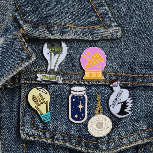 Science Chemical Brooches Pizza Ball Blue Starlight Bottle Bulb Enamel Pin NO IDEA Badge Scientist Jewelry Gifts For Women Men