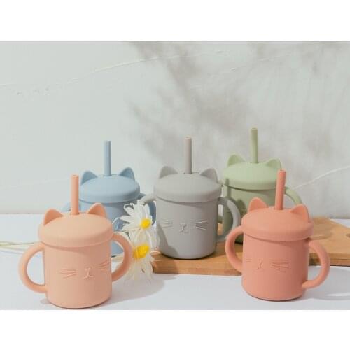 Baby Silicone Cup Learning Cat Shaped With Lid Straw Water Cups Child Leak Proof Bottle for Kids Feeding Bottle Cups Supplies
