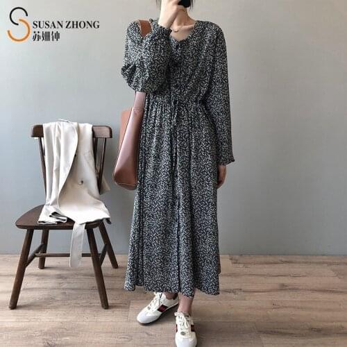 Women Female Dress One-Piece Feminine Romantic Loose Long X-Line Dress Flower Print Ruffle Cuff Lace-Up Shirring Waist
