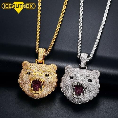 ICEOUTBOX New Roaring Bear Pendant Micro Pave Full Of Crystal Bling Bear Head Hipster Necklace For Women Mens Hip Hop Jewelry