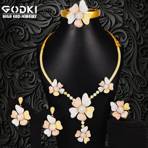 GODKI Super Big Luxury 4PCS Flowers africa Cubic Zirconia Necklace Set Jewelry Sets For Women Wedding Dubai Bridal Set 2020