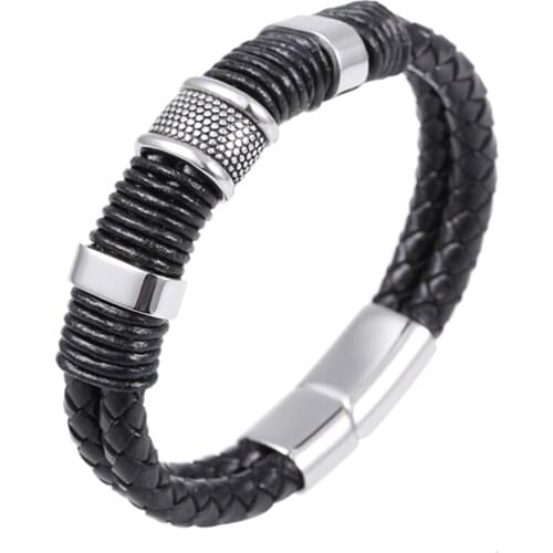 New Fashion Multilayer Braided Leather Bracelet Men Top Quality Stainless Steel Magnetic Clasp Bangles Fashion Punk Male Jewelry