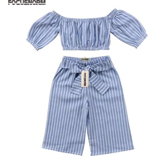 Newborn Toddler Baby Girls Fashion Sweet Summer 2PCS Sets Long Flare Sleeve Off Shoulder Blue Striped Tops Bow Pants Outfit 1-6Y