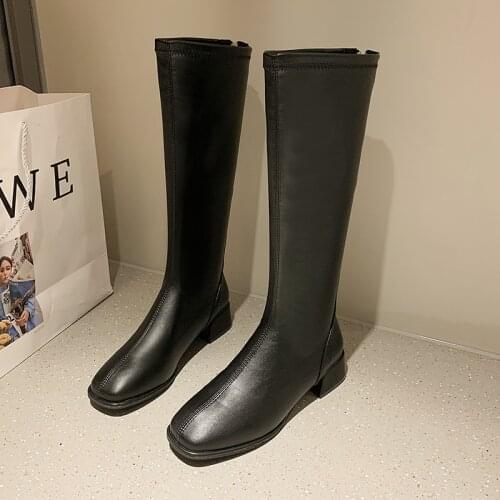 2021New Winter Style with Fleece Medium Chunky Heel Knight Boots Womens High Tube Thinner-looked High Heel Shorty Long Boots