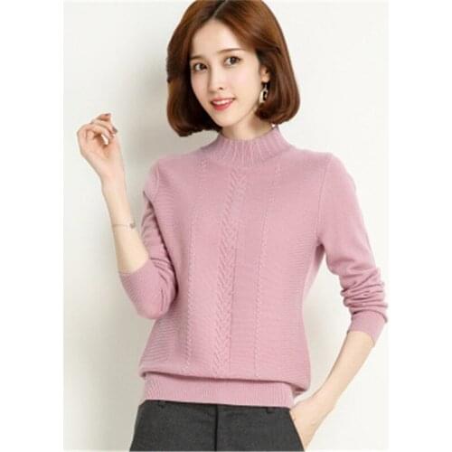 Pure wool solid knit women korean style half high collar Jacquard short slim pullover sweater pink 4color S-L