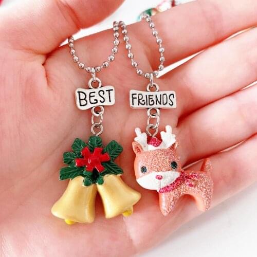 Resin Bell Elk Milu Deer Pendant Necklace Children BFF 2 Best Friends Friendship Jewelry Merry Christmas Gifts For Kids