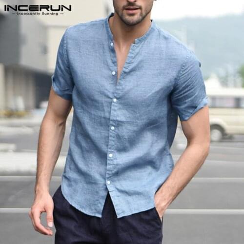 INCERUN Summer Fashion Short Sleeve Men Shirt Stand Collar Solid Color Tops Streetwear Camisa Masculina Men Casual Brand Shirts