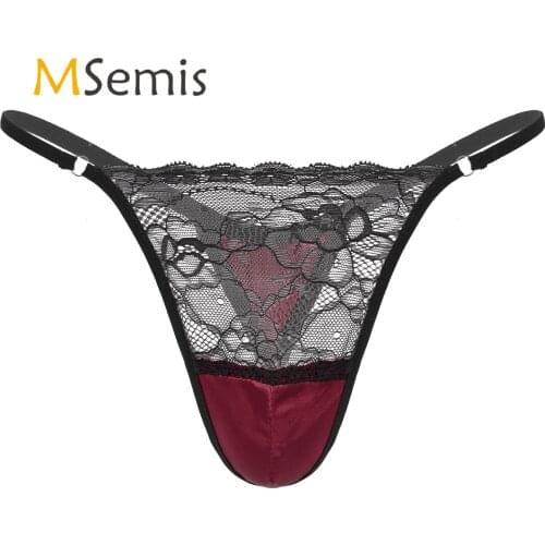 Mens Sissy Satin Lace Underwear Thong Patchwork Panties G-string Briefs T-back Thongs Jockstraps Lingerie Panties Underpants