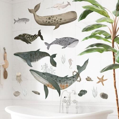 Removable Wall Sticker Marine Fish Whale Bathroom Waterproof Glass Decorative Childrens Room Background Wall Painting Wallpaper