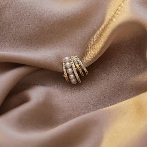 Retro Imitation Pearl Shiny CZ Stone C Shape Earrings for Women 2020 Brass Gold Multilayered Star Clip Earrings Vintage Jewelry