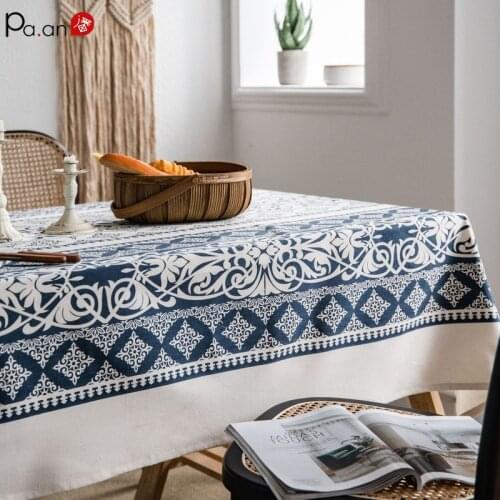Tablecloth Cotton Linen Printed Blue and White Porcelain Retro Cofee Table Cloth Cover Christmas Party Room Decor Aesthetic