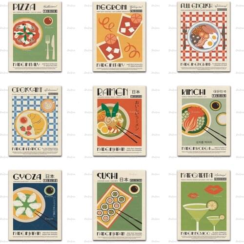 Modern Kitchen Decor Japanese Korean Foods Posters Croissant Bibimbap Gyoza Ramen Kimchi Cocktail Wall Art Print Canvas Gift