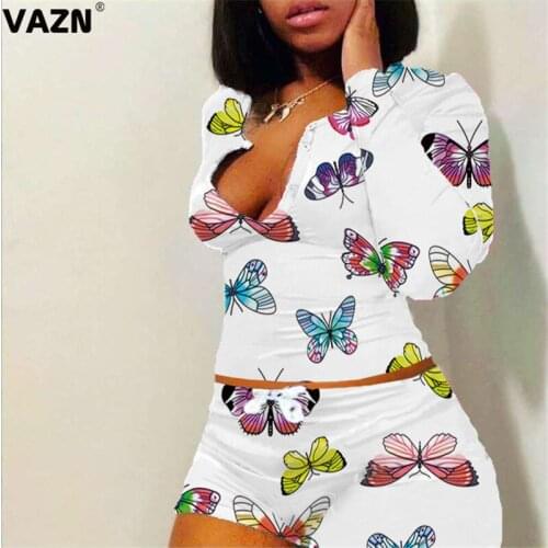 VAZN 2020 Autumn Hot Plus Size Sexy Fresh Clear Soft Style Full Sleeve Top Short Pants Tracksuits Slim Women 2 Piece Se