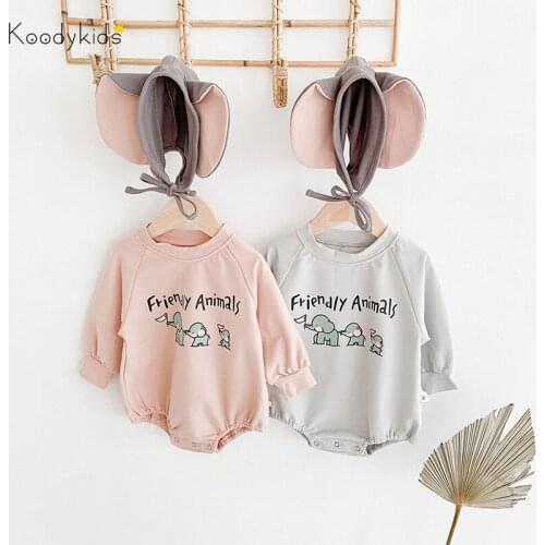 Koodykids 2021 Spring Baby Girl Boy Bodysuits Autumn Soft Cotton Newborn Rompers With Hat Elephant Cute Infant Rompers 0-2 Years