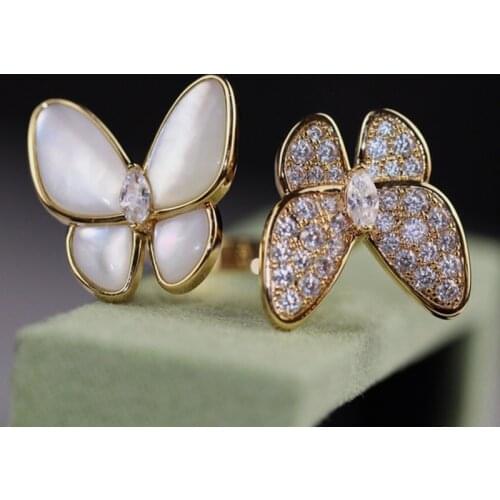 Top Quality Fashion Shell Butterfly Cuff Free Rings Gold Plated CZ Jewelry For Women