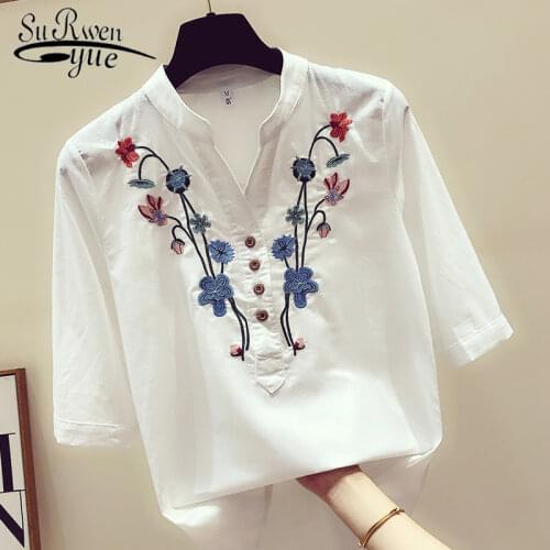Womens tops and blouses women shirts white blouse plus size women Embroidery V-Neck women shirts 2020 summer new 3140 50