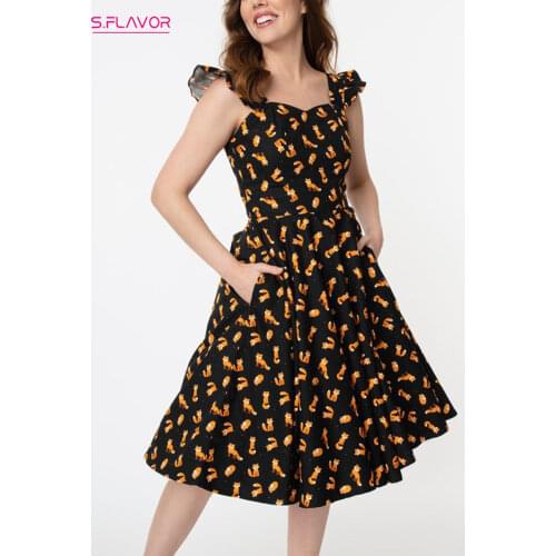 S.FLAVOR Vintage Square Collar Summer A-line Dress Animal Printing Sleeveless Sundress For Women Chic Tea Midi Party Vestidos