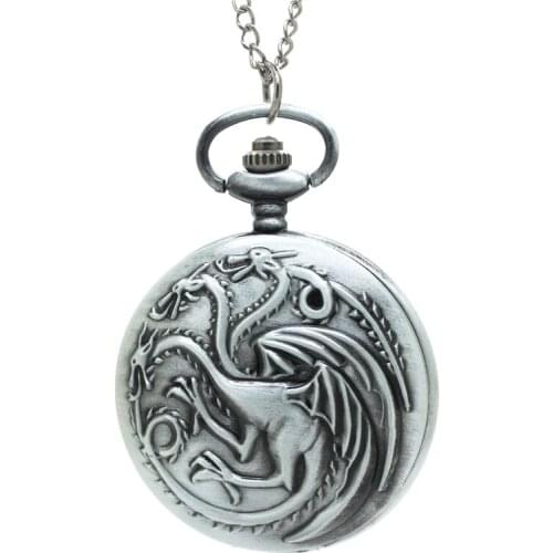 1123SA) 12pcs/lot silver ancient Dragons of Legend Three-headed Dragon bronze pocket watch necklace size 47mm