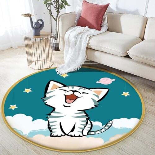 2021 Fashion Children Carpet Animal Blue Cat Pattern Non-Slip Baby Hand Print Round Carpet Baby Play Children Flannel Carpet