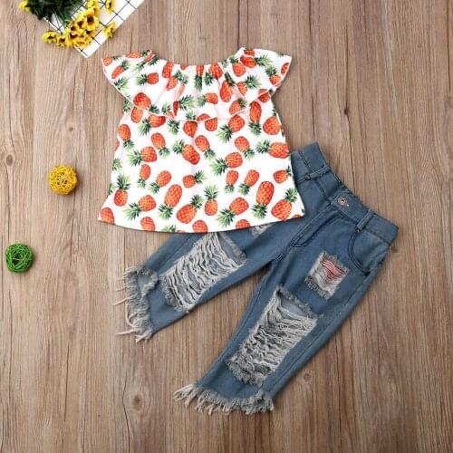 Fashion Summer 2PCS Toddler Kids Girls Clothes Lovely Pineapple Print Off Shoulder T-shirt Tops+Denim Hole Jeans Pants Set 1-6 Y