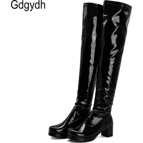 Gdgydh Patent Leather Waterproof Over The Knee Boots Women Candy Colors Green Yellow Fashion Style Long Boots With High Heels