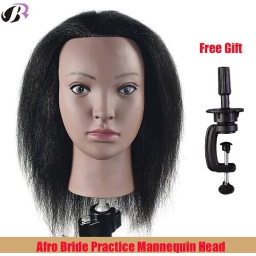 Afro Mannequin Head 100% Real Hair Hairdresser Training Head Manikin Cosmetology Doll Head (Table Clamp Stand Included)