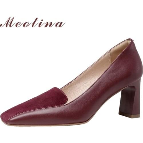 Meotina High Heel Women Pumps Genuine Leather Shoes Square Toe Slip On Chunky Heels Footwear Female Dress Shoes Wine Red 33-40