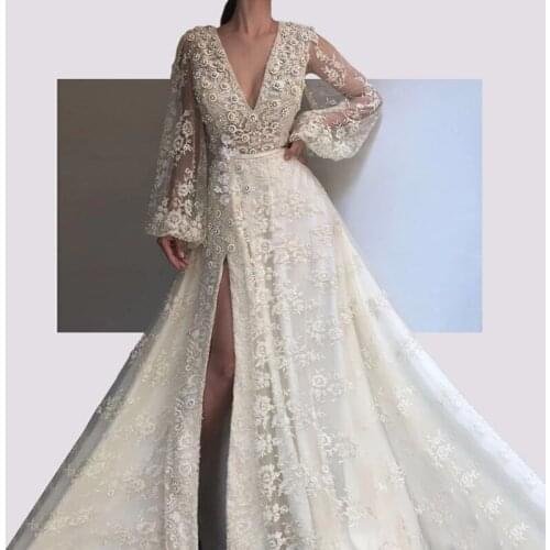 Long Sleeves Muslim Evening Dresses A-line V-neck Appliques Lace Beaded Dubai Saudi Arabic Long Evening Gown Prom Dress