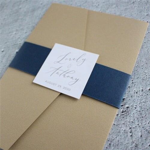 Invitation set navy blue ivory belly band making customized printing 50 sets