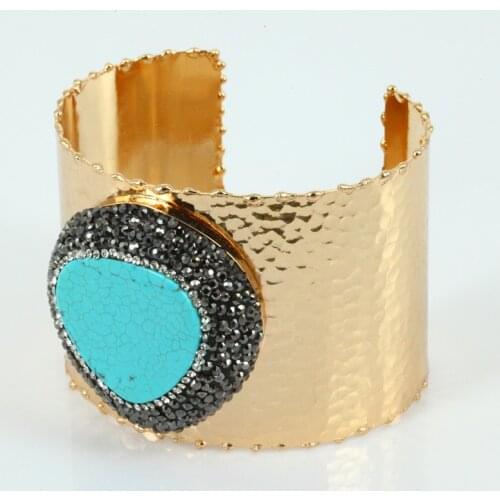 2021 Unisex Couple Luxury Jewelry Set Heart & Round Blue Tuquoises Stone Charms In Pure Gold Color Frame Open Cuff Bangle Ring