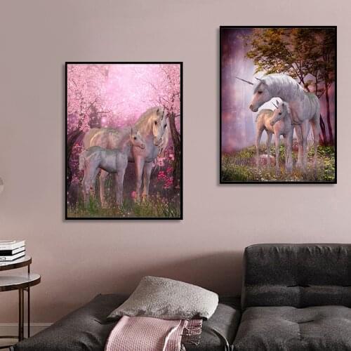 Pink Flower Tree Wonderland Unicorn Myth Animal Posters and Prints Wall Art Horse Pictures for Living Room Cuadros Decoration