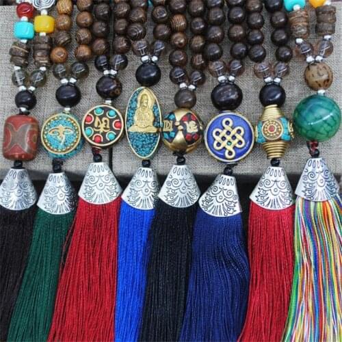 New Silk Tassel Buddhist Prayer Wood Beads Necklace Boho Nepal Long Sweater Chain Vintage Tibetan Pendant Ethnic Necklace Women