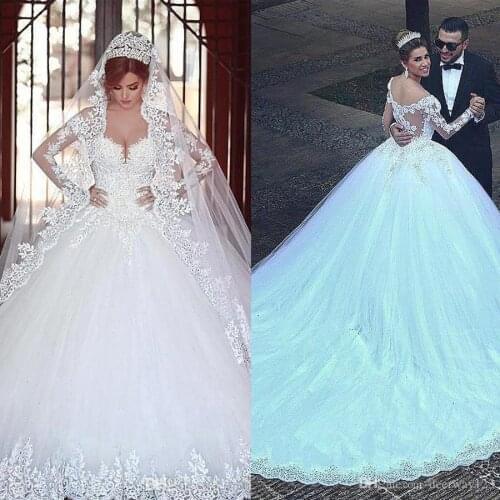 Luxury Plus Size Long Dress For Bride Custom Made Lace Ball Gown Wedding Dresses Long Sleeves Bridal Gowns