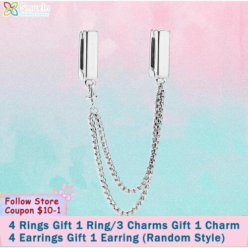 Smuxin 925 Sterling Silver Bead Silver Safety Chain Clip Charm fit Original Pandora Bracelets for Women Jewelry Making Girl Gift