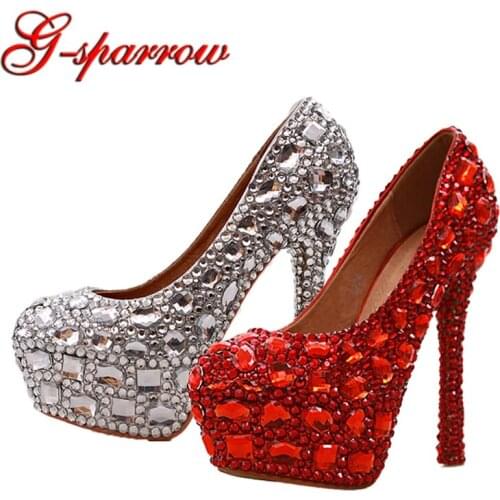Red Silver Rhinestone Bridesmaid Shoes Flats Low Middle and High Heels Crystal Bridal Wedding Party Prom Shoes Size to US 12